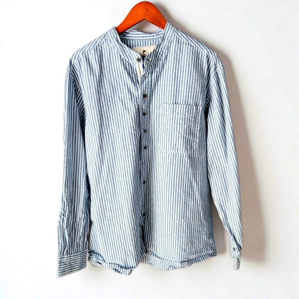 Lee Valley Ireland Cotton Grandfather Pinstripe Shirt Mens XL Blue Button Up
